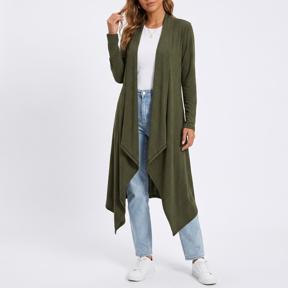 Unbranded Olive Green Ribbed Duster Cardigan Open Front Waterfall Hem Large